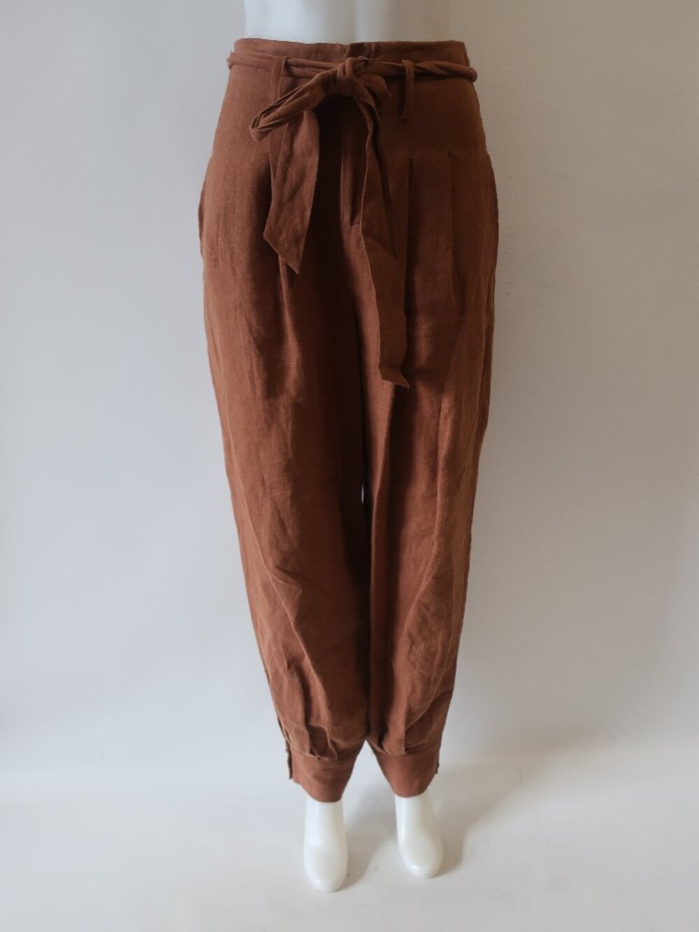 Womens Ronny Kobo Brown (Item- 43) Belted Pleated Tapered Cropped Linen Pants S - Picture 5 of 12